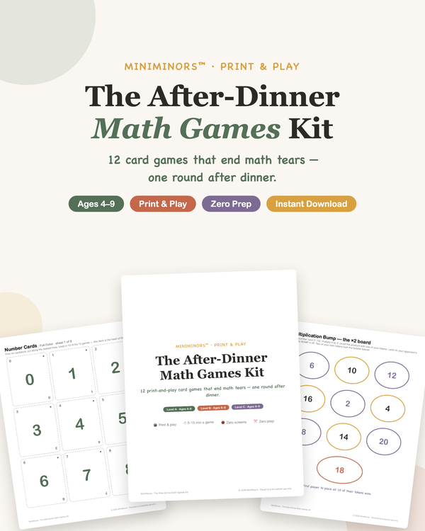MiniMinors After-Dinner Math Games Kit — 12 printable card games for ages 4 to 9