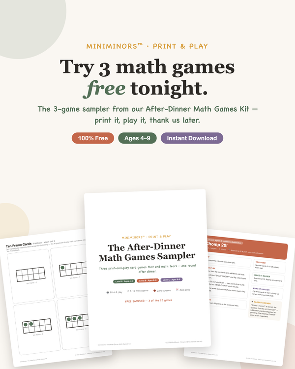 MiniMinors free 3-game math sampler — printable card games for ages 4 to 9