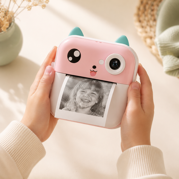 MiniMinors instant print kids camera in pink, printing a photo in a child's hands