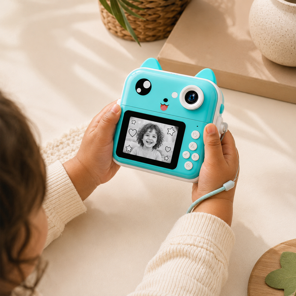 Child using the teal MiniMinors camera, rear screen showing a photo with fun filters
