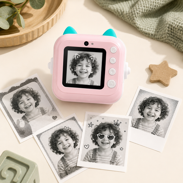 Pink MiniMinors camera with fun filtered black-and-white instant prints