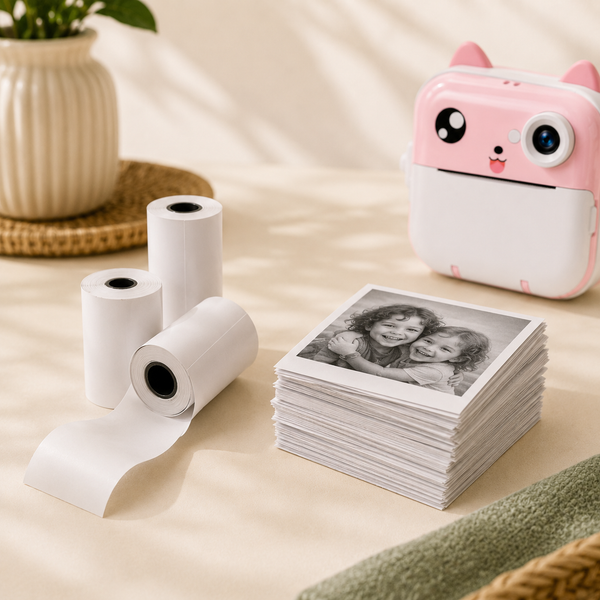 Ink-free thermal refill rolls beside a tall stack of printed photos