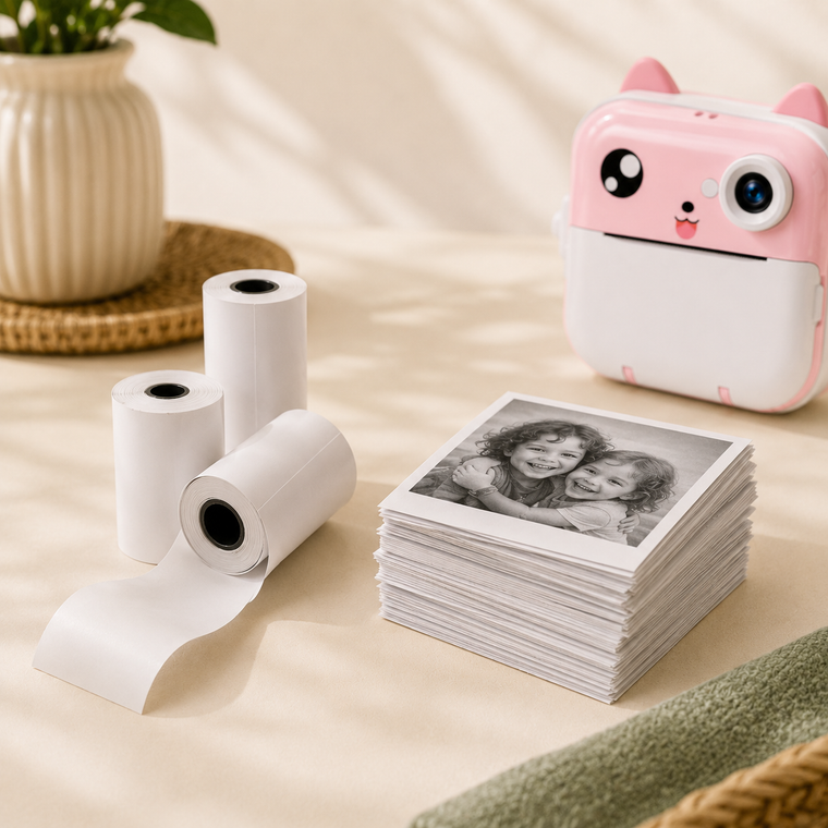 Ink-free thermal refill rolls beside a tall stack of printed photos