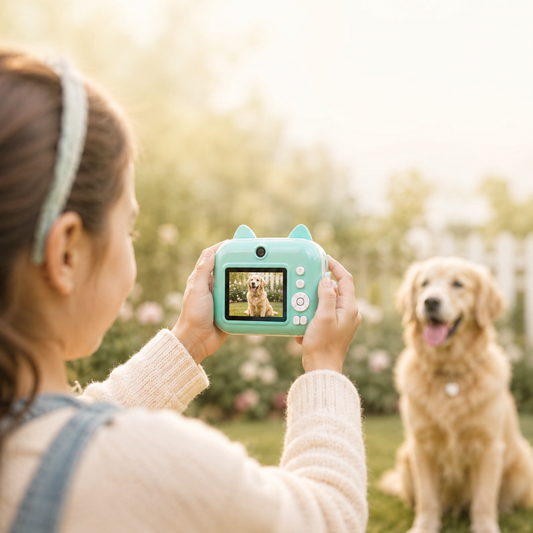 Girl photographing her dog outdoors with the teal MiniMinors camera