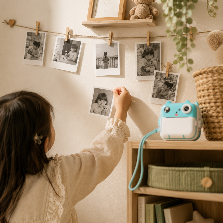 Child adding printed photos to a bedroom memory wall, teal camera on the shelf