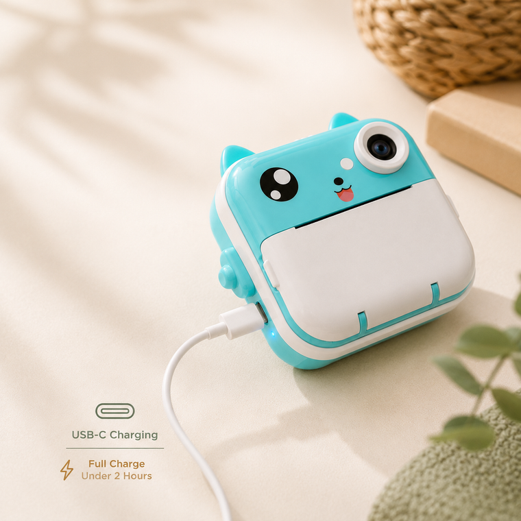 Teal MiniMinors camera charging over USB-C, full charge in under two hours