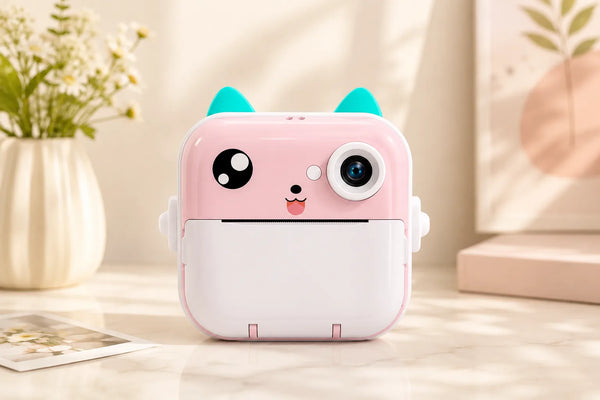 MiniMinors Kitty instant print kids camera — pink, front view