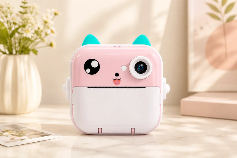 MiniMinors Kitty instant print kids camera — pink, front view
