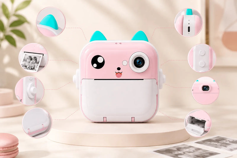 Pink kitty camera parts and ports overview