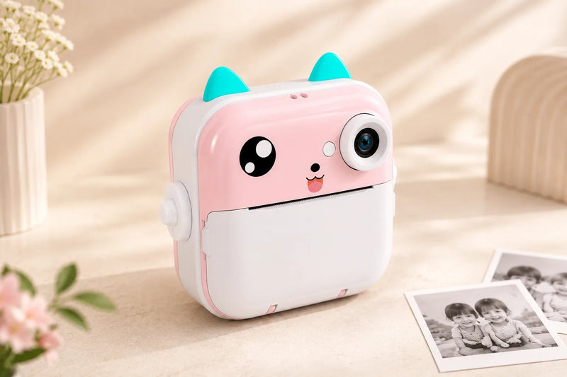 Pink kitty camera with an instant photo print