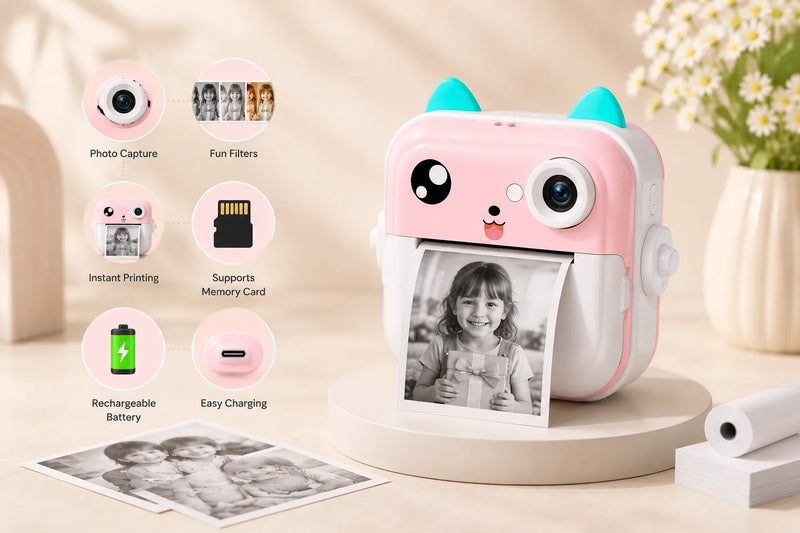 Kitty camera features — photo capture, filters, instant printing, memory card, rechargeable battery