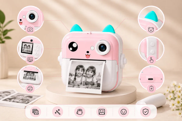 Pink kitty camera detail — screen, lens and controls