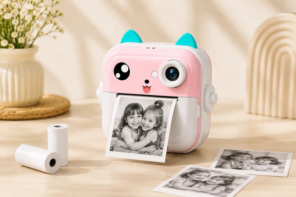 Pink kitty camera with thermal paper refill rolls and prints