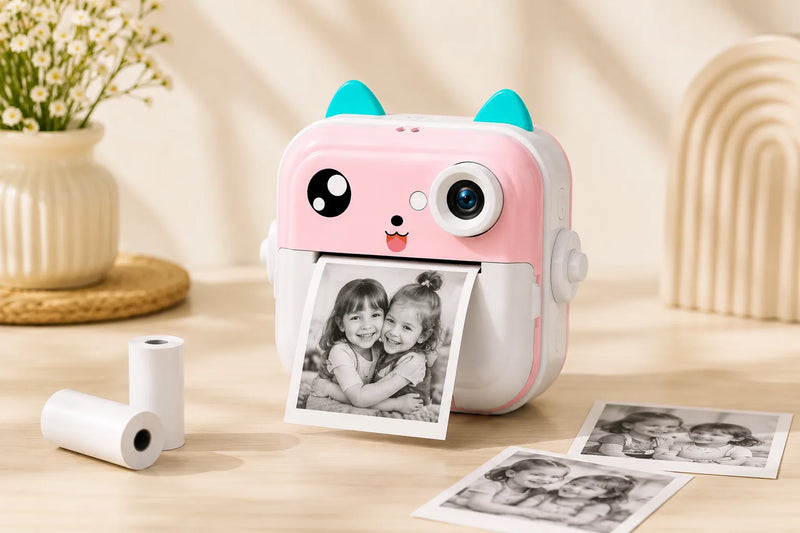 Pink kitty camera with thermal paper refill rolls and prints