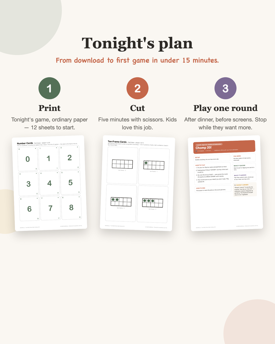 How it works: print the games, cut the cards, play one round after dinner