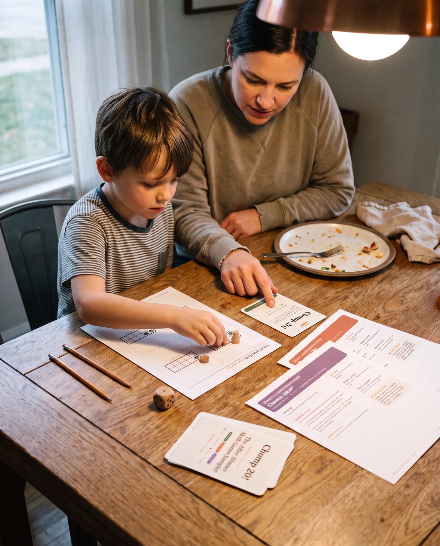 Parent and child smiling while playing a printable MiniMinors math game together after dinner
