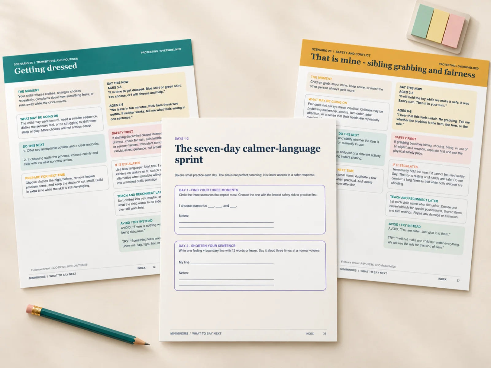 Three real pages from What to Say Next showing a scenario map and seven-day practice sprint